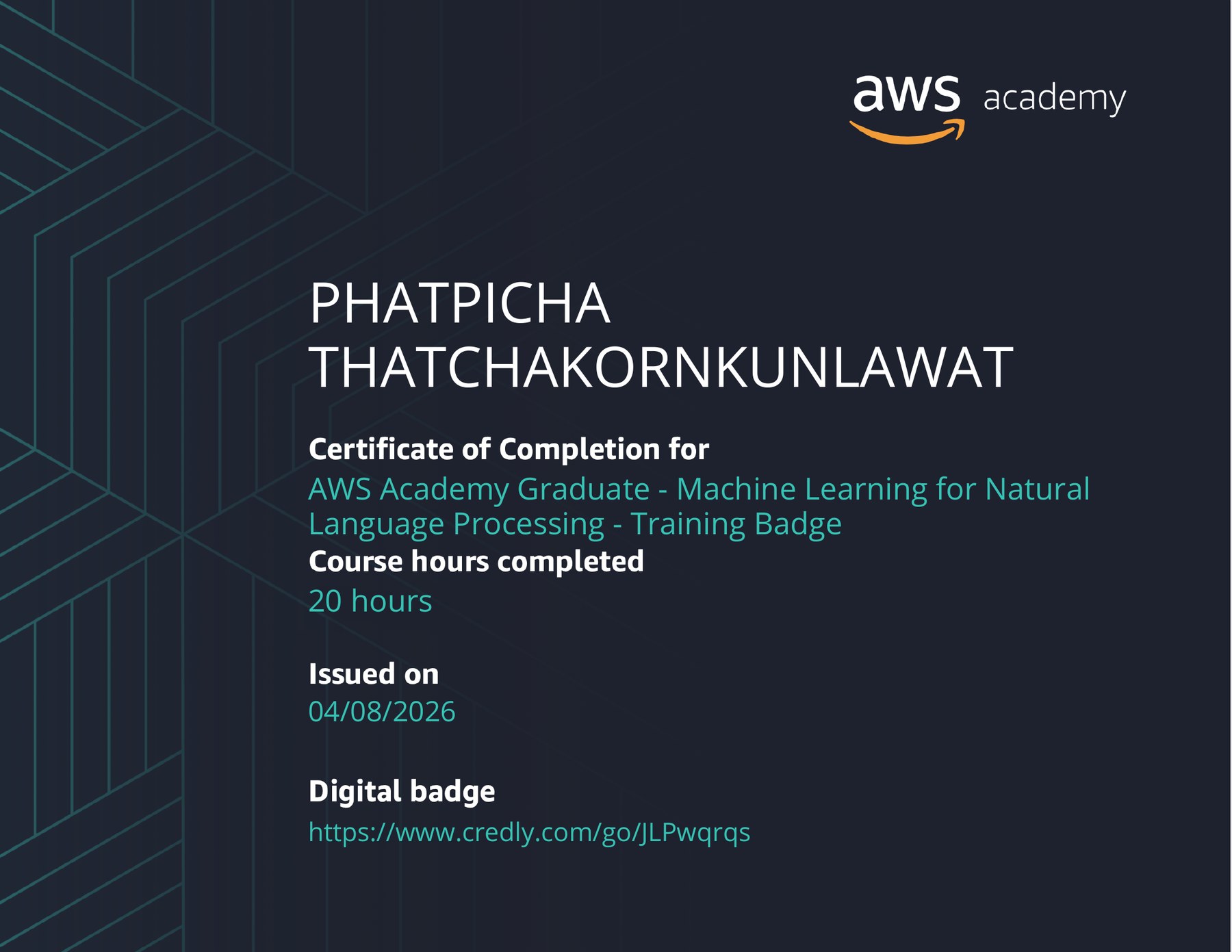 AWS Academy Machine Learning for NLP certificate