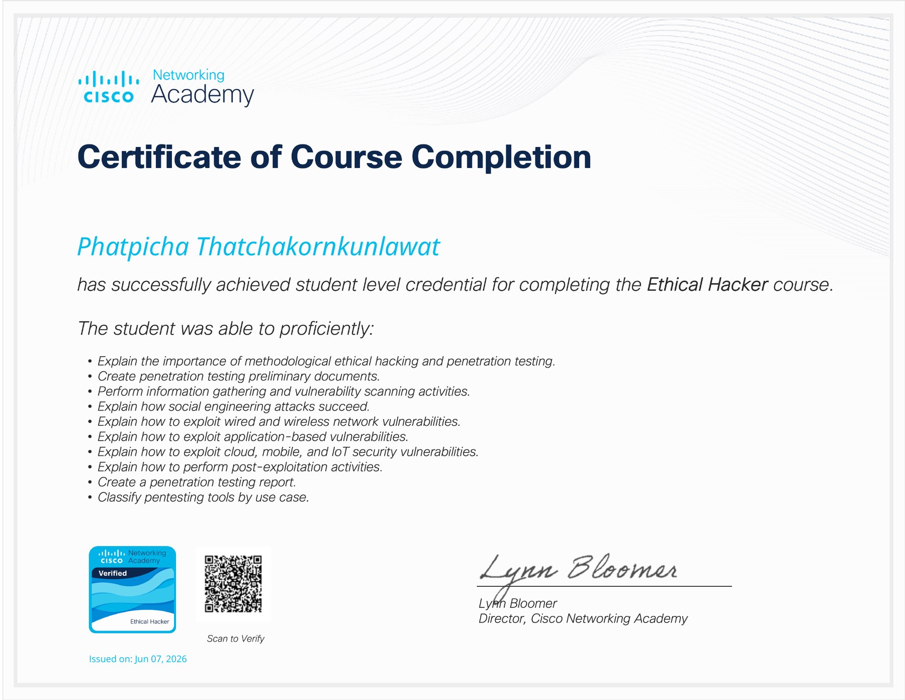 Cisco Ethical Hacker certificate