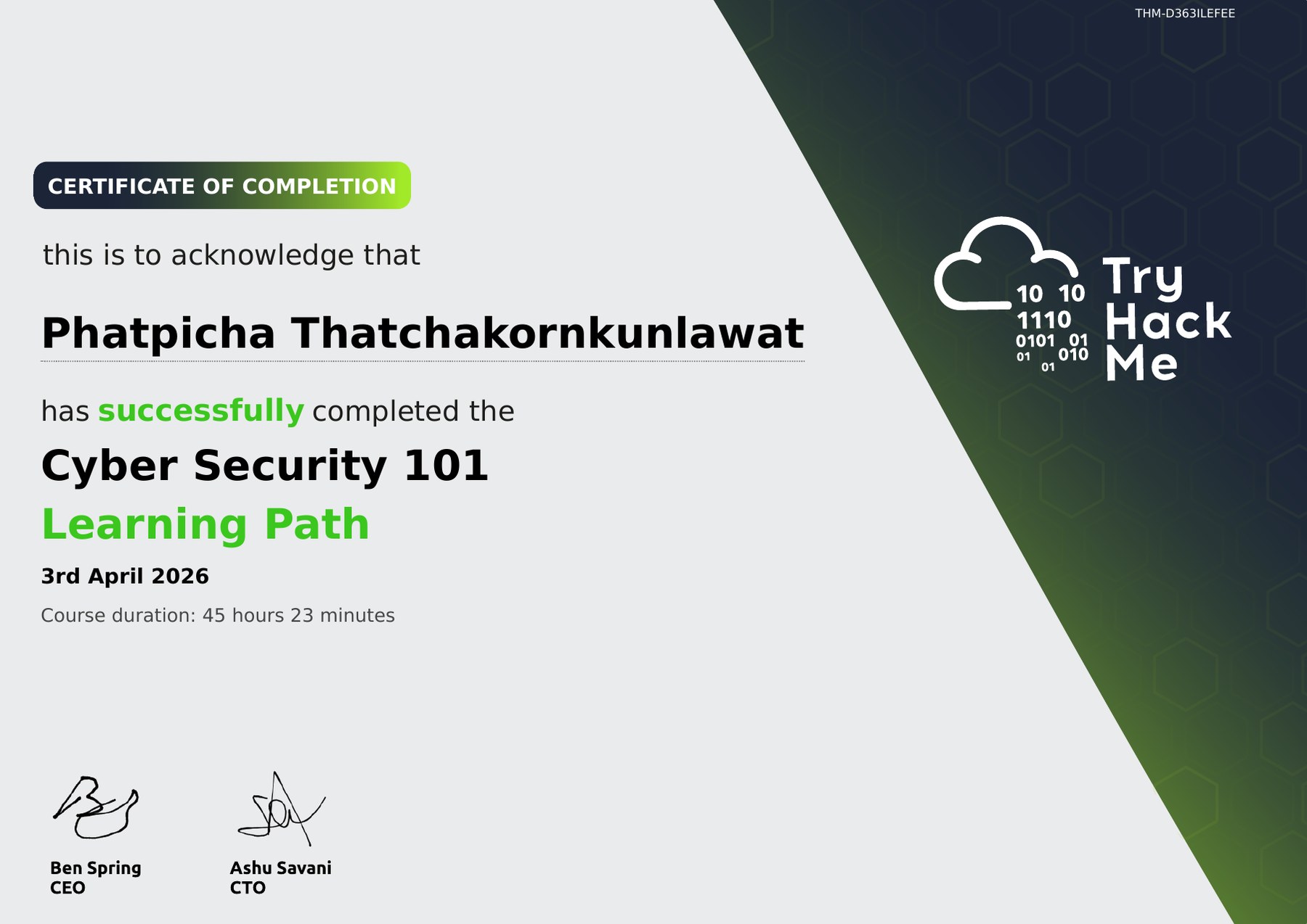 TryHackMe Cyber Security 101 certificate